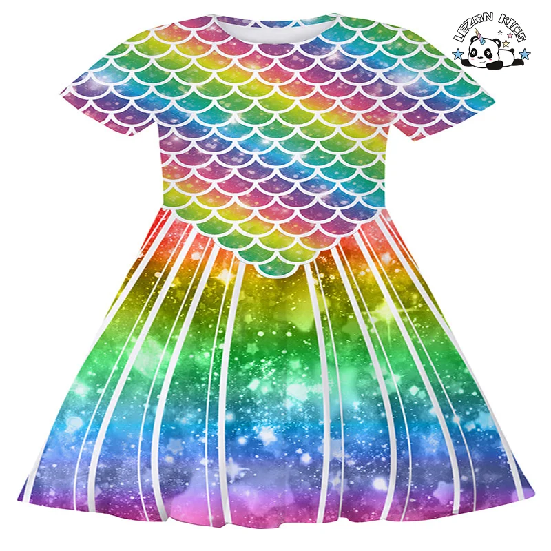LEZONKIDS - 2024 Factory Direct Sales European American Style Printed Short Sleeve Girls Dress for Children's Clothing